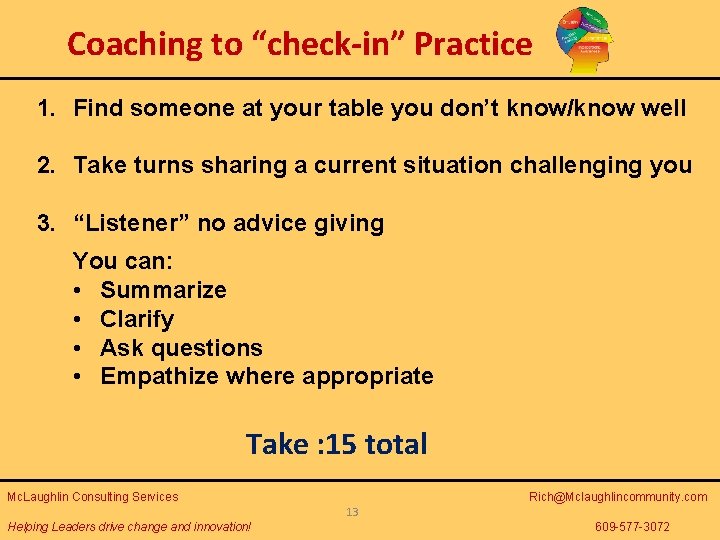 Coaching to “check-in” Practice 1. Find someone at your table you don’t know/know well