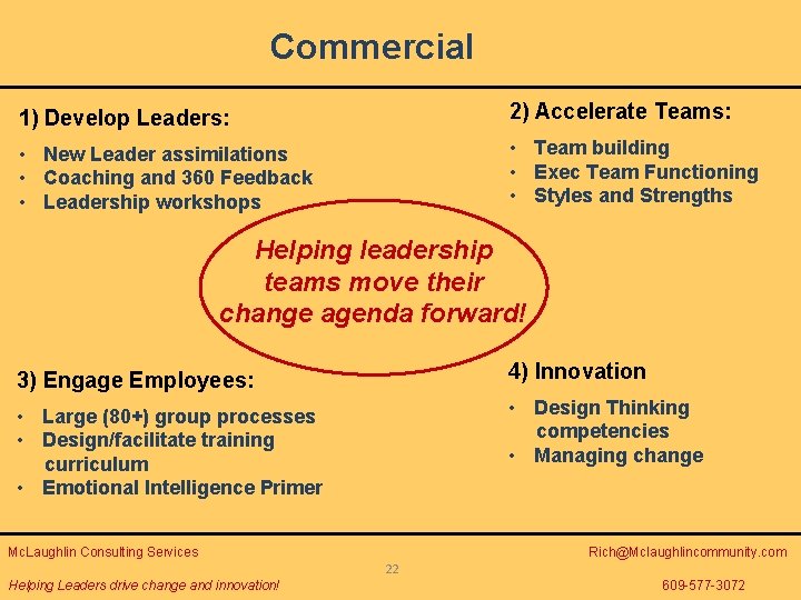 Commercial 1) Develop Leaders: 2) Accelerate Teams: • New Leader assimilations • Coaching and