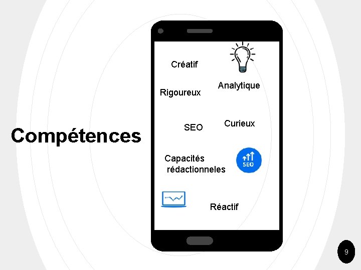 Créatif Rigoureux Compétences SEO Analytique Curieux Capacités rédactionneles Réactif 9 