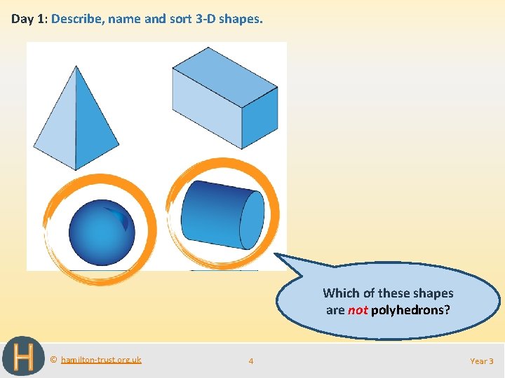 Day 1: Describe, name and sort 3 -D shapes. Which of these shapes are