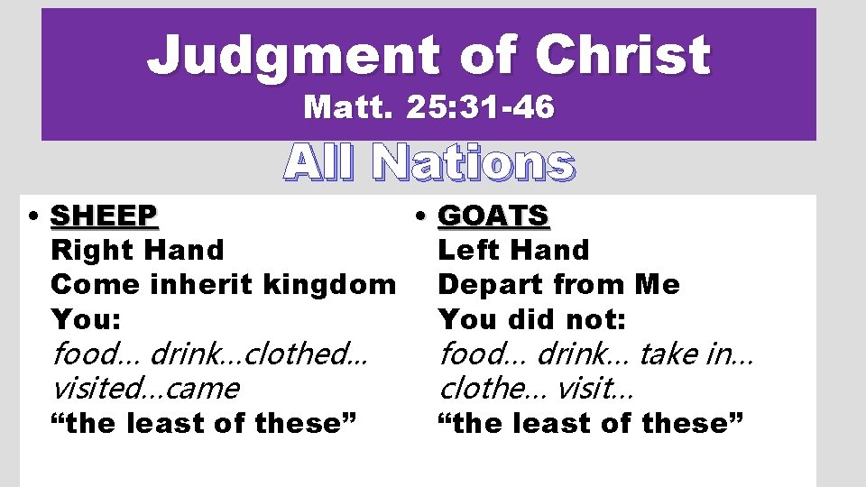 Judgment of Christ Matt. 25: 31 -46 All Nations • SHEEP • GOATS Right