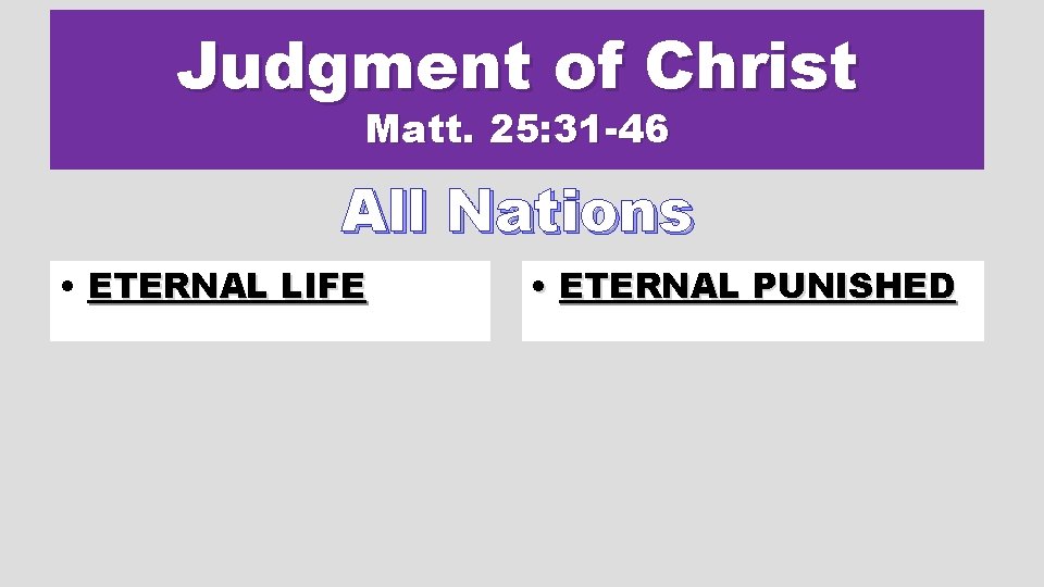 Judgment of Christ Matt. 25: 31 -46 All Nations • ETERNAL LIFE • ETERNAL