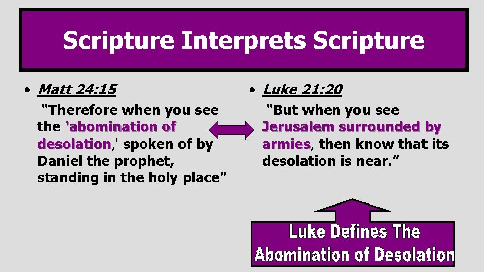 Scripture Interprets Scripture • Matt 24: 15 "Therefore when you see the 'abomination of