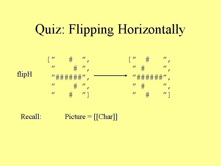 Quiz: Flipping Horizontally flip. H Recall: [” # ”, ”######”, ” # ”] Picture