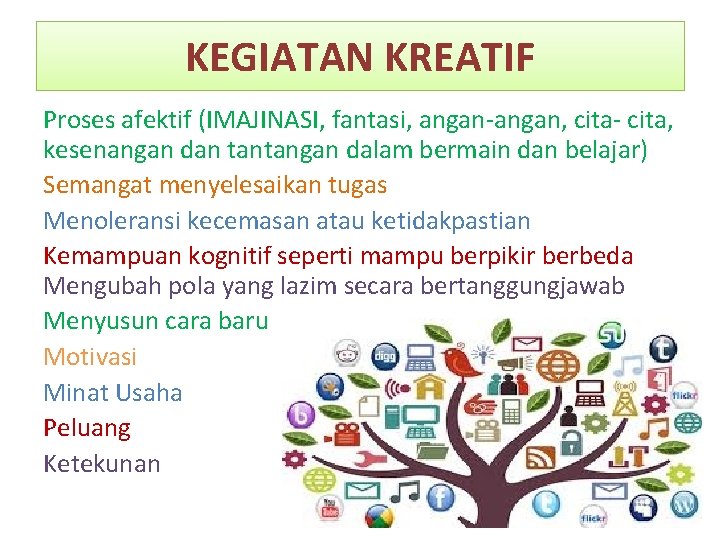 KEGIATAN KREATIF Proses afektif (IMAJINASI, fantasi, angan-angan, cita- cita, kesenangan dan tantangan dalam bermain