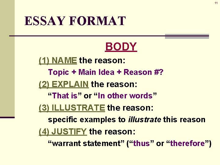 11 ESSAY FORMAT BODY 1) (1) NAME the reason: n Topic + Main Idea