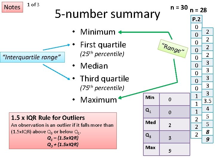 Notes 1 of 3 5 -number summary • Minimum • First quartile “Interquartile range”