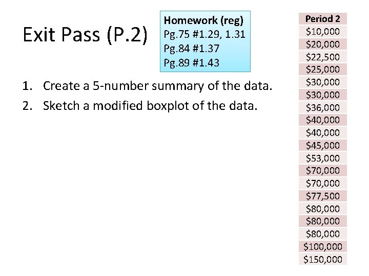 Exit Pass (P. 2) Homework (reg) Pg. 75 #1. 29, 1. 31 Pg. 84