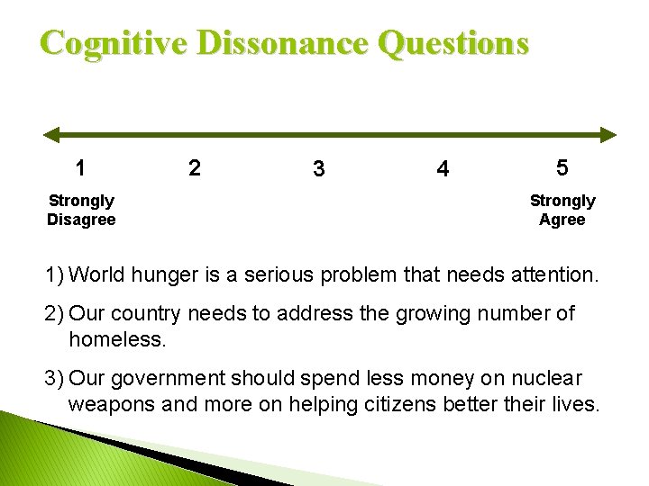 Cognitive Dissonance Questions 1 Strongly Disagree 2 3 4 5 Strongly Agree 1) World
