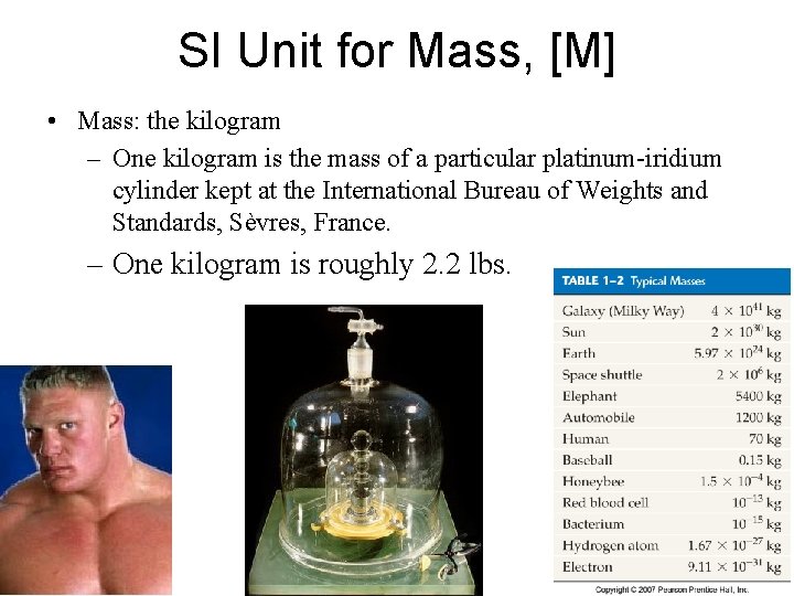 SI Unit for Mass, [M] • Mass: the kilogram – One kilogram is the