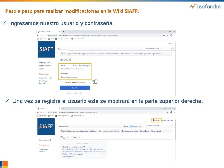 Paso a paso para realizar modificaciones en la Wiki SIAFP. ü Ingresamos nuestro usuario