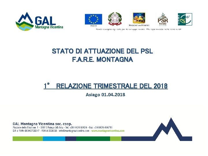 STATO DI ATTUAZIONE DEL PSL F. A. R. E. MONTAGNA 1° RELAZIONE TRIMESTRALE DEL