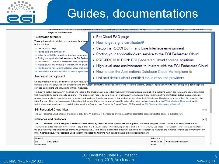 Guides, documentations EGI-In. SPIRE RI-261323 EGI Federated Cloud F 2 F meeting 19 January