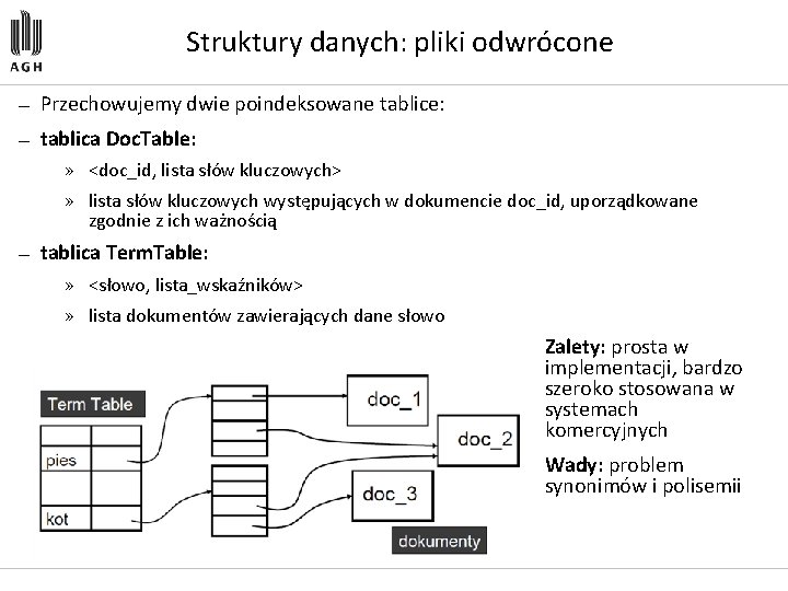 Struktury danych: pliki odwrócone — Przechowujemy dwie poindeksowane tablice: — tablica Doc. Table: »