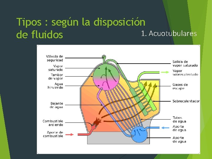 Tipos : según la disposición 1. Acuotubulares de fluidos 