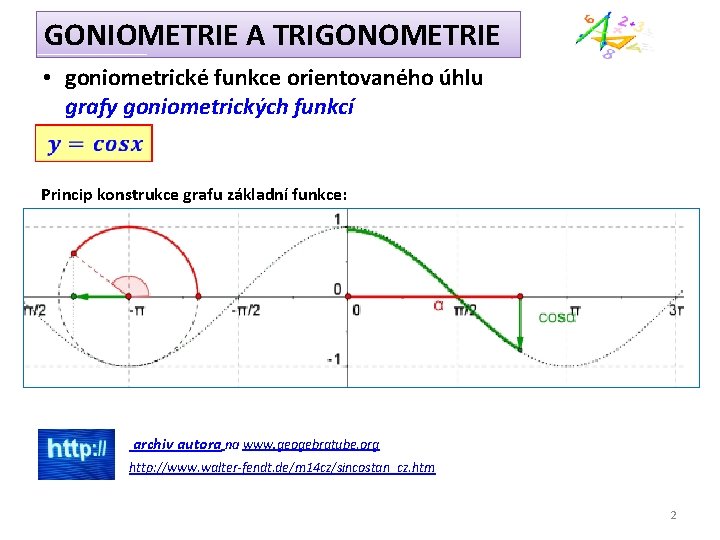 GONIOMETRIE A TRIGONOMETRIE • goniometrické funkce orientovaného úhlu grafy goniometrických funkcí Princip konstrukce grafu