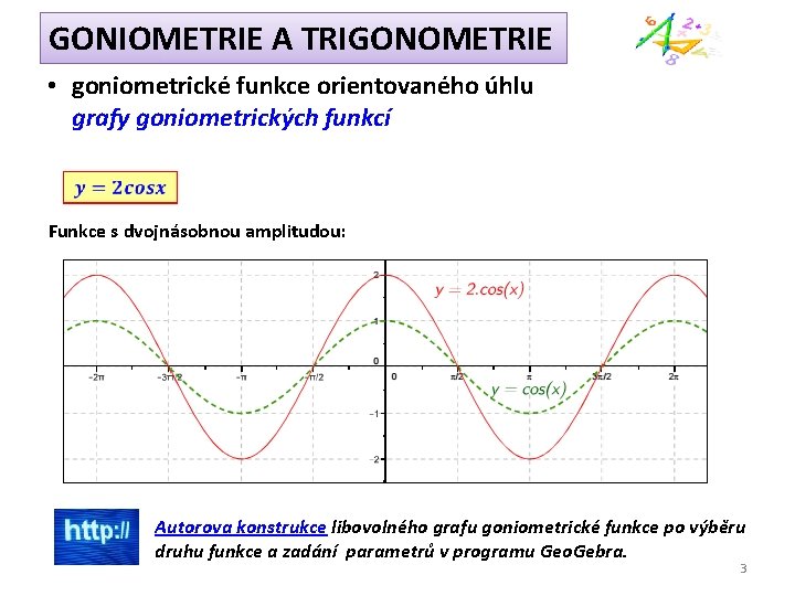 GONIOMETRIE A TRIGONOMETRIE • goniometrické funkce orientovaného úhlu grafy goniometrických funkcí Funkce s dvojnásobnou
