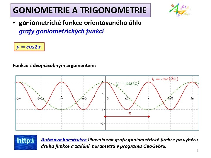 GONIOMETRIE A TRIGONOMETRIE • goniometrické funkce orientovaného úhlu grafy goniometrických funkcí Funkce s dvojnásobným