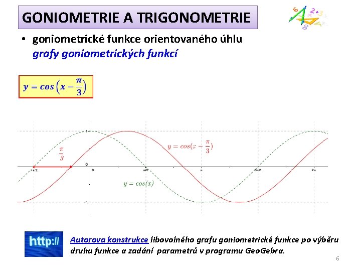 GONIOMETRIE A TRIGONOMETRIE • goniometrické funkce orientovaného úhlu grafy goniometrických funkcí Autorova konstrukce libovolného