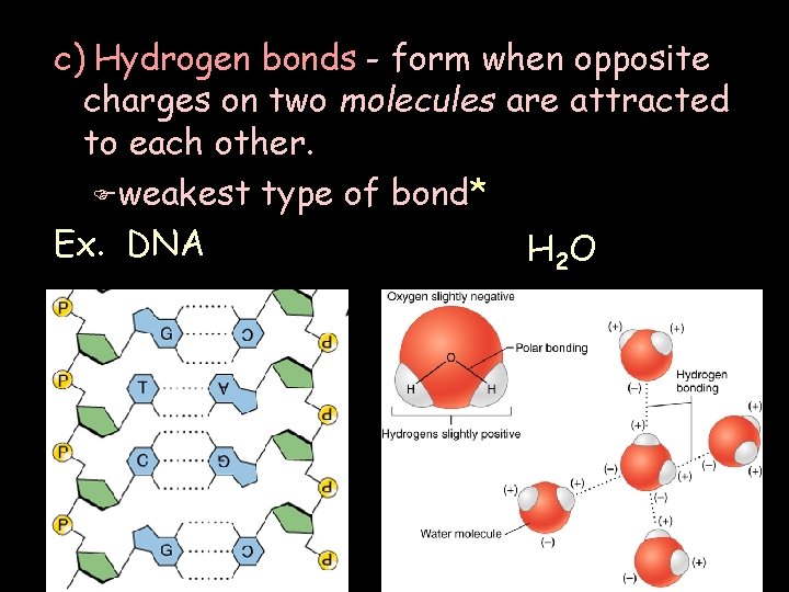 c) Hydrogen bonds - form when opposite charges on two molecules are attracted to