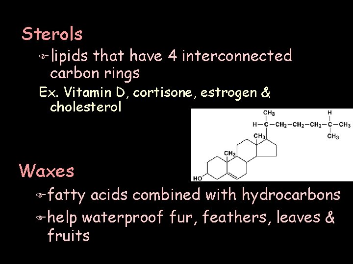 Sterols F lipids that have 4 interconnected carbon rings Ex. Vitamin D, cortisone, estrogen