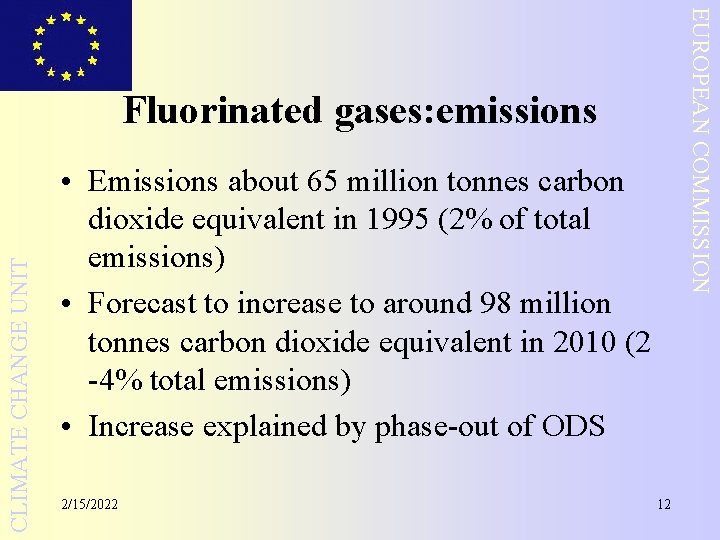 EUROPEAN COMMISSION CLIMATE CHANGE UNIT Fluorinated gases: emissions • Emissions about 65 million tonnes