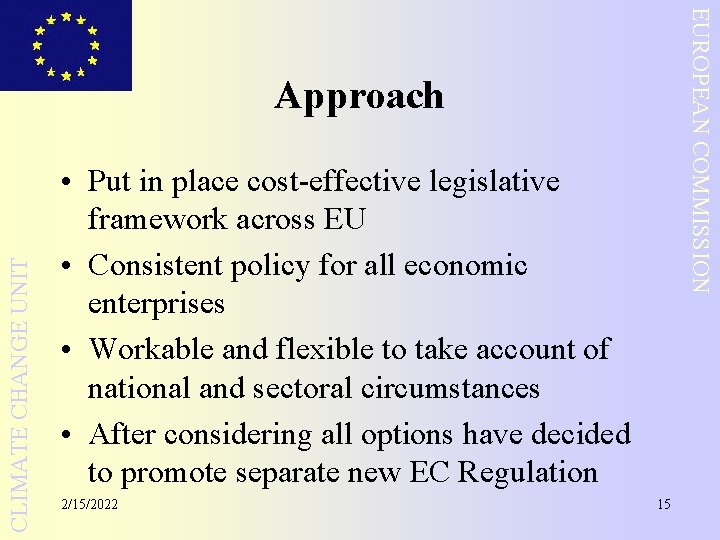 EUROPEAN COMMISSION CLIMATE CHANGE UNIT Approach • Put in place cost-effective legislative framework across