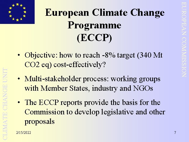 EUROPEAN COMMISSION CLIMATE CHANGE UNIT European Climate Change Programme (ECCP) • Objective: how to