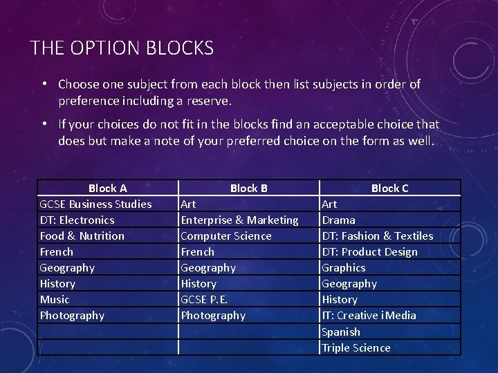THE OPTION BLOCKS • Choose one subject from each block then list subjects in