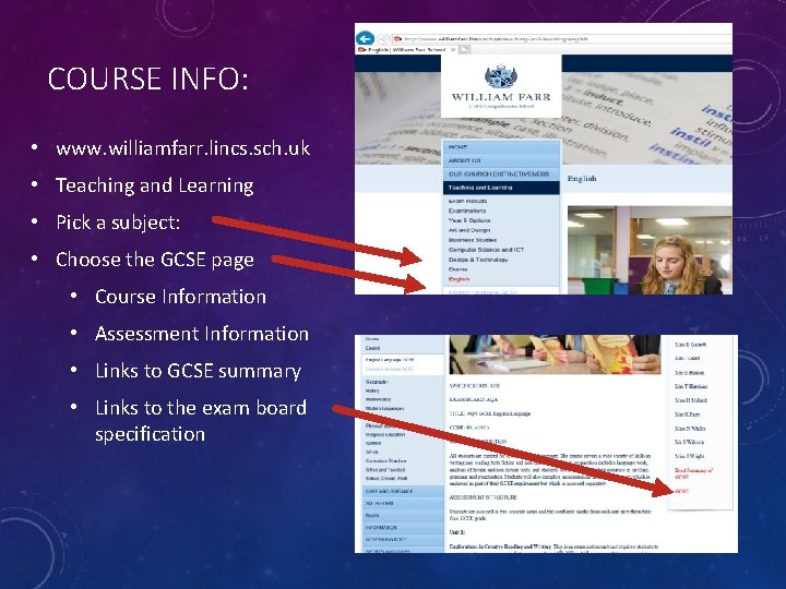 COURSE INFO: • www. williamfarr. lincs. sch. uk • Teaching and Learning • Pick