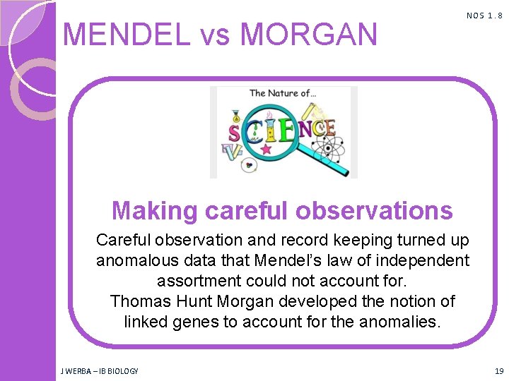 MENDEL vs MORGAN NOS 1. 8 Making careful observations Careful observation and record keeping
