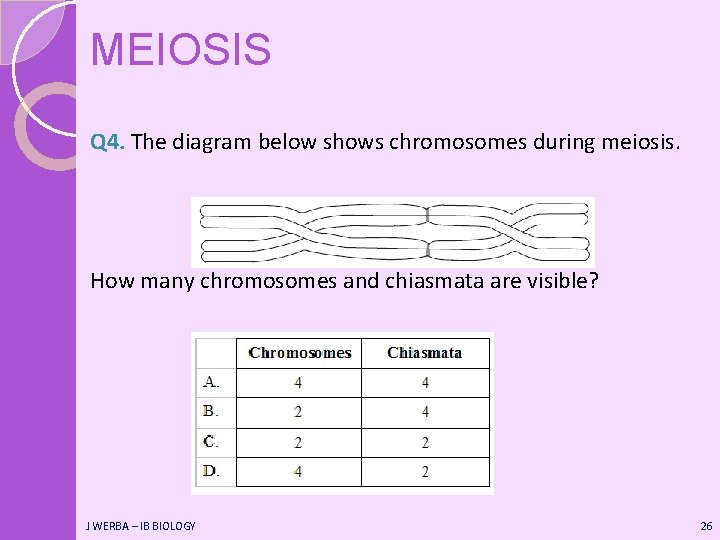 MEIOSIS Q 4. The diagram below shows chromosomes during meiosis. How many chromosomes and