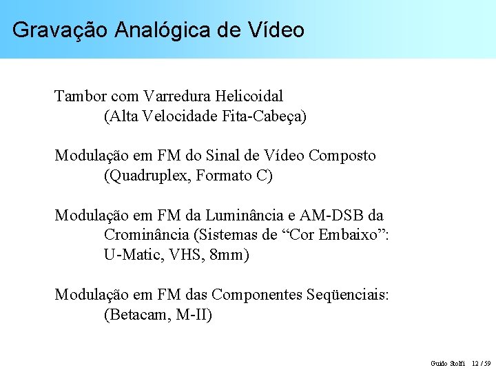 Gravação Analógica de Vídeo Tambor com Varredura Helicoidal (Alta Velocidade Fita-Cabeça) Modulação em FM