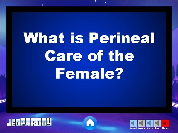 What is Perineal Care of the Female? Correct Wrong Cheer Boo Silence 