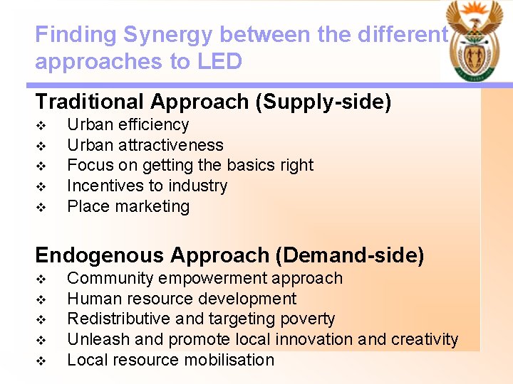 Finding Synergy between the different approaches to LED Traditional Approach (Supply-side) v v v