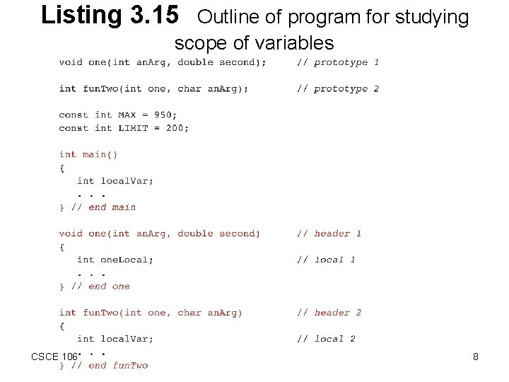 Listing 3. 15 Outline of program for studying scope of variables CSCE 106 8