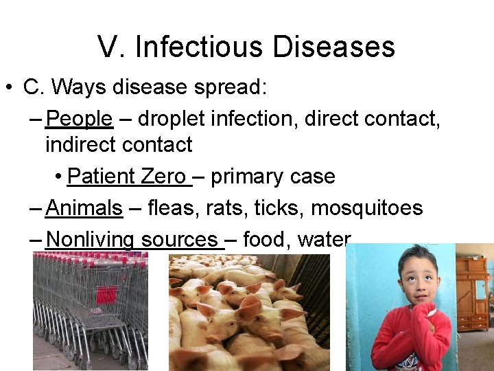 V. Infectious Diseases • C. Ways disease spread: – People – droplet infection, direct