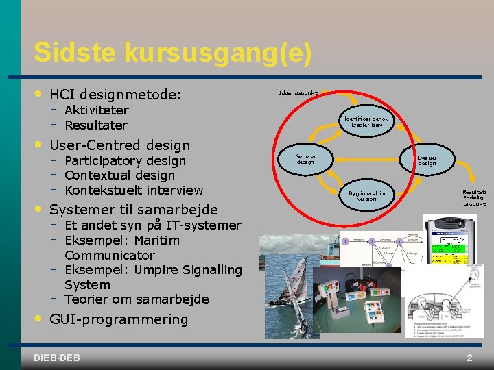 Sidste kursusgang(e) • • • HCI designmetode: Aktiviteter Resultater Identificer behov Etabler krav User