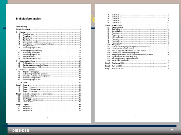 Typisk indholdsfortegnelse DIEB-DEB 7 