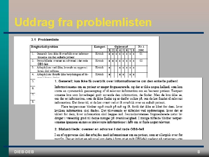 Uddrag fra problemlisten DIEB-DEB 8 