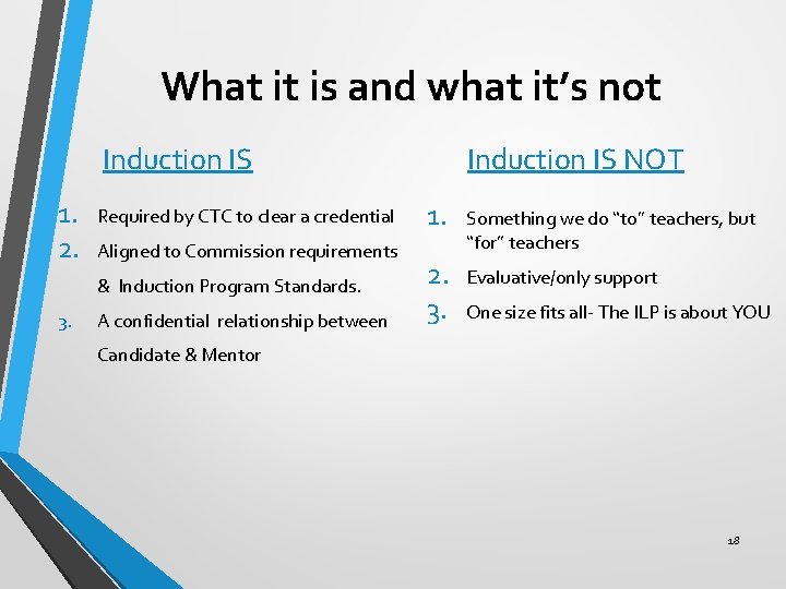 What it is and what it’s not Induction IS 1. 2. Required by CTC
