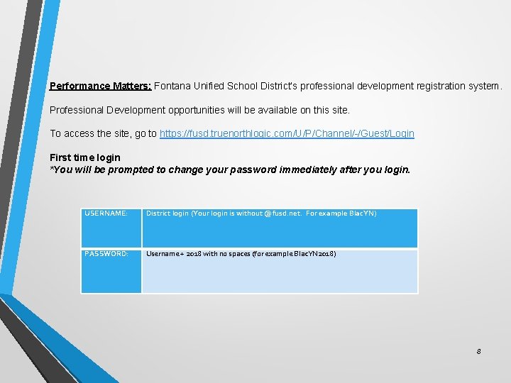 Performance Matters: Fontana Unified School District’s professional development registration system. Professional Development opportunities will