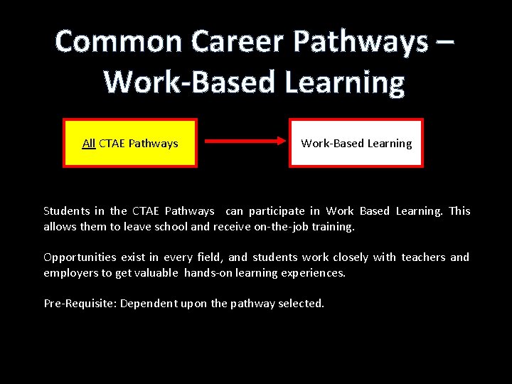 Common Career Pathways – Work-Based Learning All CTAE Pathways Work-Based Learning Students in the