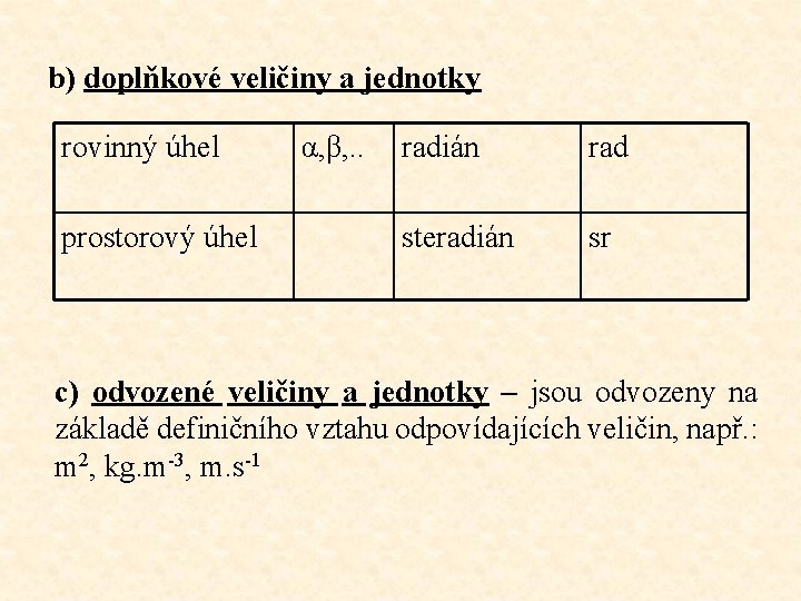 b) doplňkové veličiny a jednotky rovinný úhel prostorový úhel α, β, . . radián