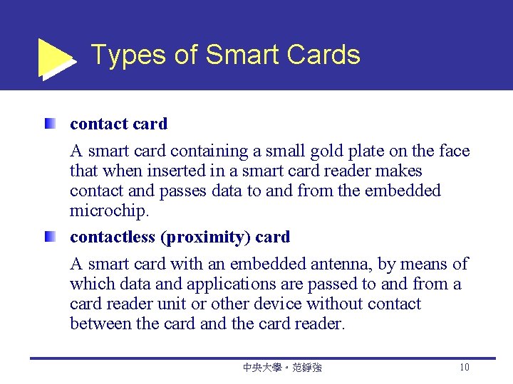 Types of Smart Cards contact card A smart card containing a small gold plate