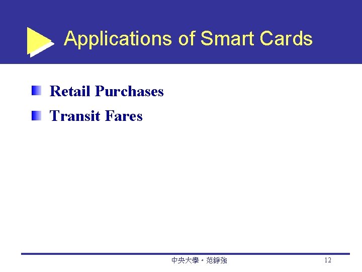 Applications of Smart Cards Retail Purchases Transit Fares 中央大學。范錚強 12 