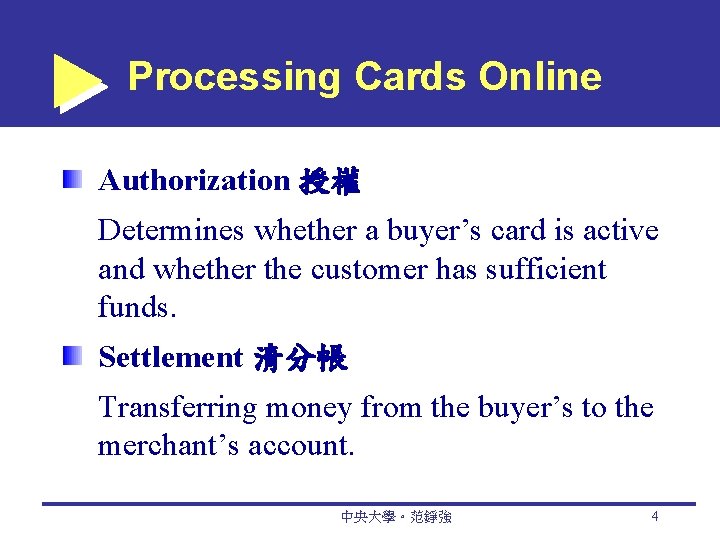 Processing Cards Online Authorization 授權 Determines whether a buyer’s card is active and whether