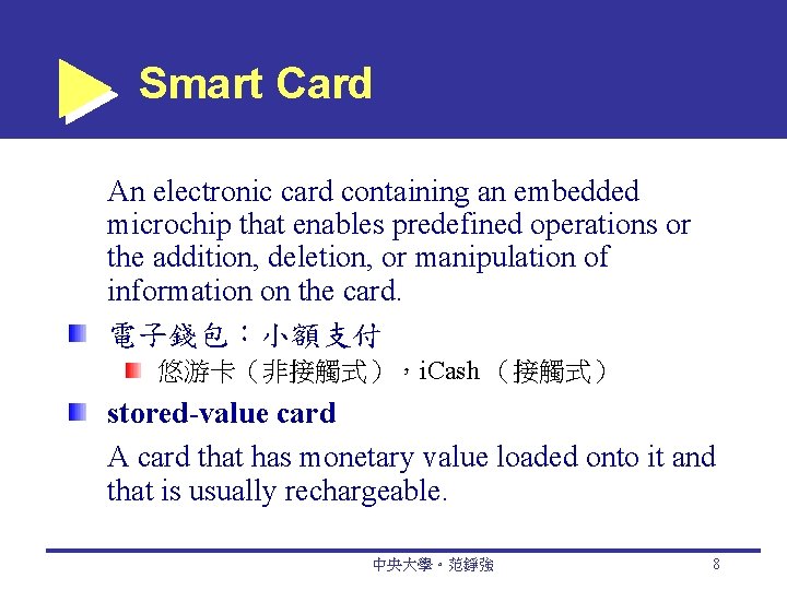 Smart Card An electronic card containing an embedded microchip that enables predefined operations or