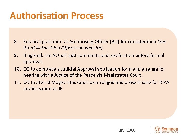 Authorisation Process 8. Submit application to Authorising Officer (AO) for consideration (See list of