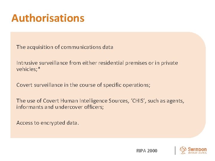 Authorisations The acquisition of communications data Intrusive surveillance from either residential premises or in